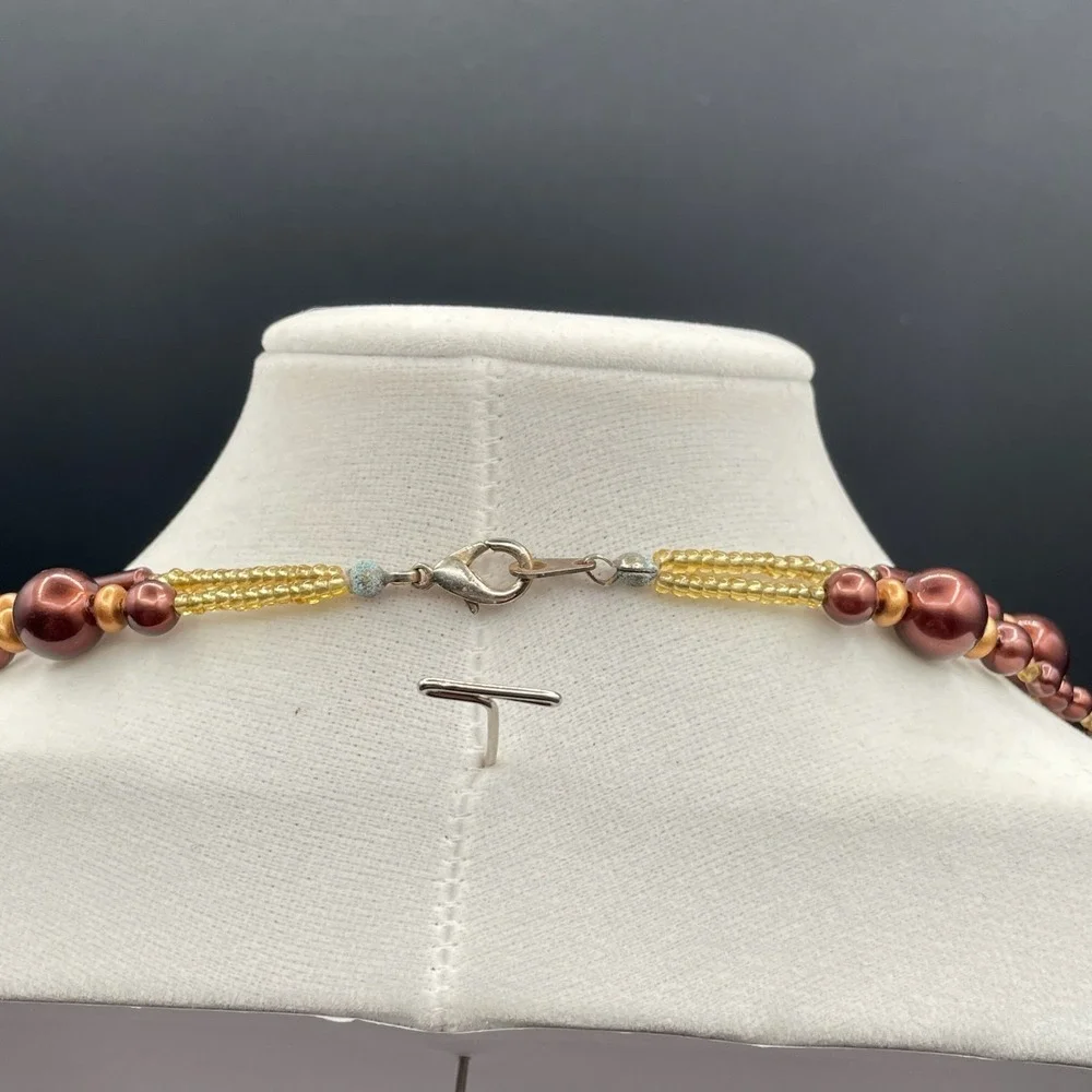 Vintage Burgundy Cord Classic Pearl Double Strand Beaded‎ Lobster Long Necklace